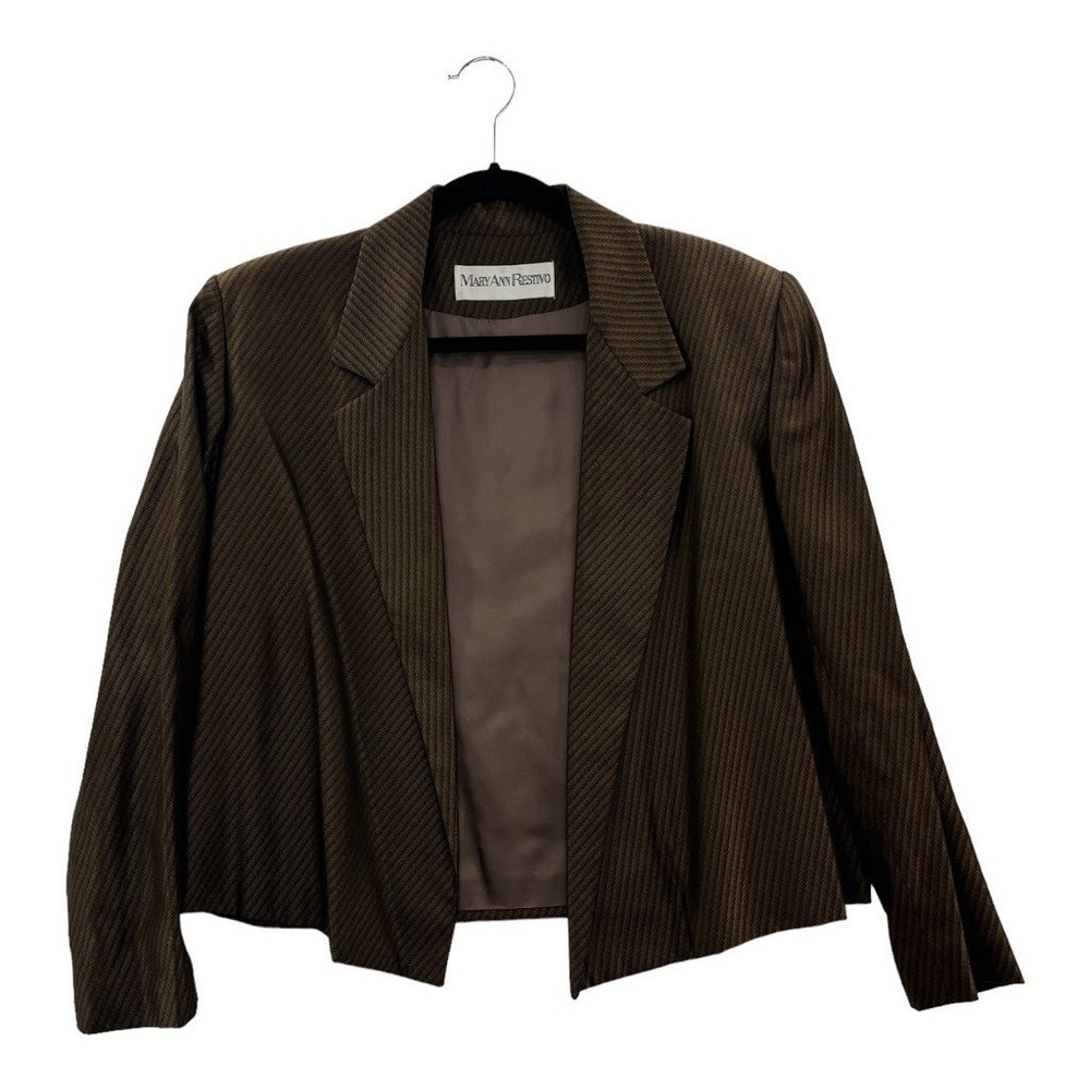 Mary Ann Restivo Womens Blazer Jacket Brown Silk Blend Waist Length Open USA 10